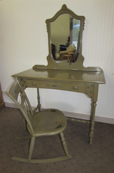ANTIQUE ARTS & CRAFTS STYLE VANITY WITH ATTACHED MIRROR AND MATCHING ROCKER