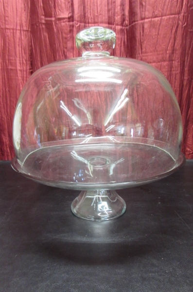 PEDESTAL CAKE PLATE WITH DOMED LID, PLATTERS & HANDLED SERVING DISH