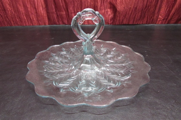 PEDESTAL CAKE PLATE WITH DOMED LID, PLATTERS & HANDLED SERVING DISH