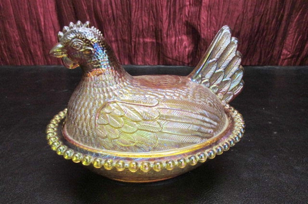 2 AMBER CARNIVAL GLASS CHICKEN COVERED CANDY DISHES AND RELISH DISH