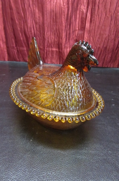 2 AMBER CARNIVAL GLASS CHICKEN COVERED CANDY DISHES AND RELISH DISH