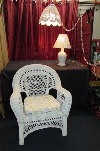 WICKER CHAIR AND LAMPS