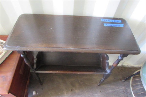 2 ANTIQUE SIDE TABLES WITH BOOK STORAGE