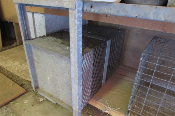 LARGE LOT OF SMALL ANIMAL FEEDERS, WIRE CAGE, AND TRAP