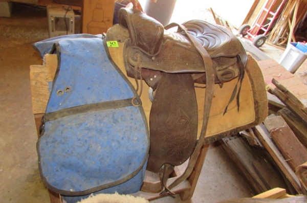 OLD WORN OUT SADDLE, STAND, BLANKET, AND MORE