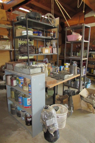 HUGE ASSORTMENT OF GARAGE/SHOP ITEMS, TABLE, AND SHELVING