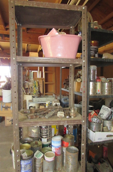 HUGE ASSORTMENT OF GARAGE/SHOP ITEMS, TABLE, AND SHELVING