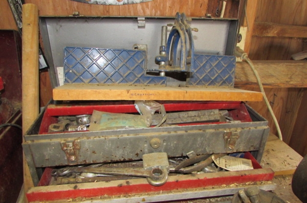 SHOP BENCH CONTENTS- BENCH GRINDER, TOOL BOXES, AND MORE TOOLS