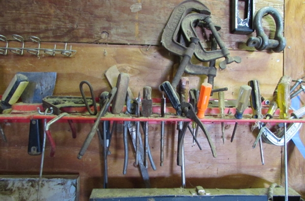 SHOP BENCH CONTENTS- BENCH VISE, TOOL BOXES, AND MORE TOOLS