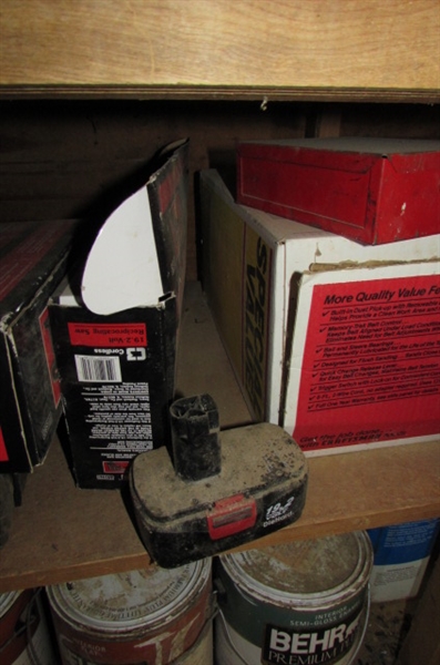 CONTENTS OF LOWER SHELVES- PAINT HARDWARE, POWER TOOLS, AND MORE