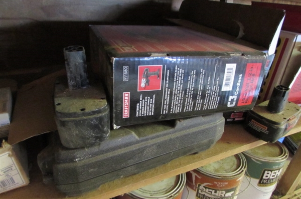 CONTENTS OF LOWER SHELVES- PAINT HARDWARE, POWER TOOLS, AND MORE