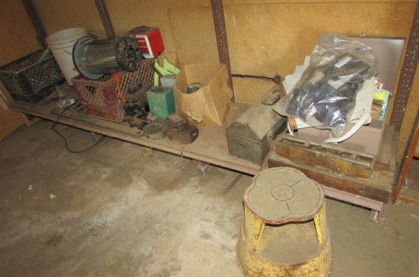 MISCELLANEOUS METAL ITEMS: STOOL, TOOL BOX, FILE BOX, CHAINS, WIRE FENCING SUPPLIES AND MORE ITEMS