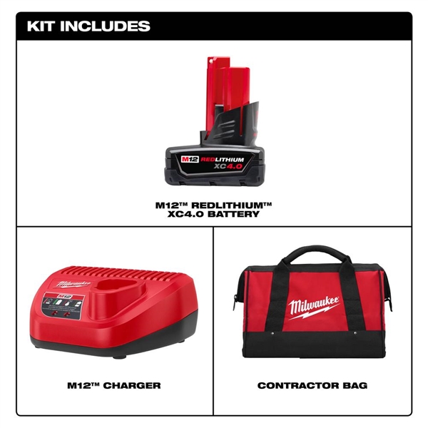 Milwaukee M12 12-Volt Lithium-Ion 4.0 Ah Battery and Charger Starter Kit with Tool Bag