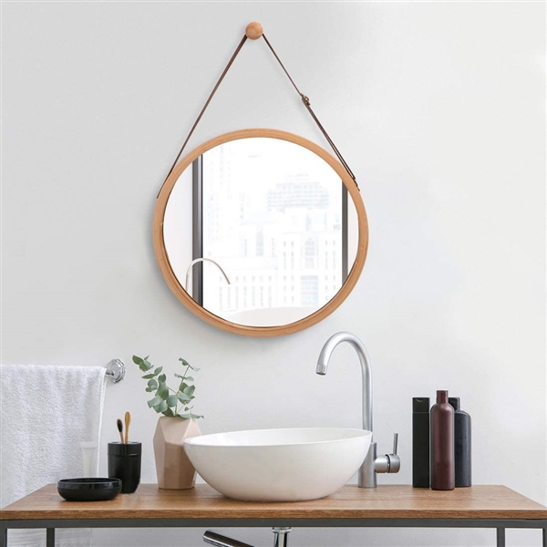 Hanging Round Wall Mirror- Solid Bamboo Frame & Adjustable Leather Strap 17 3/4