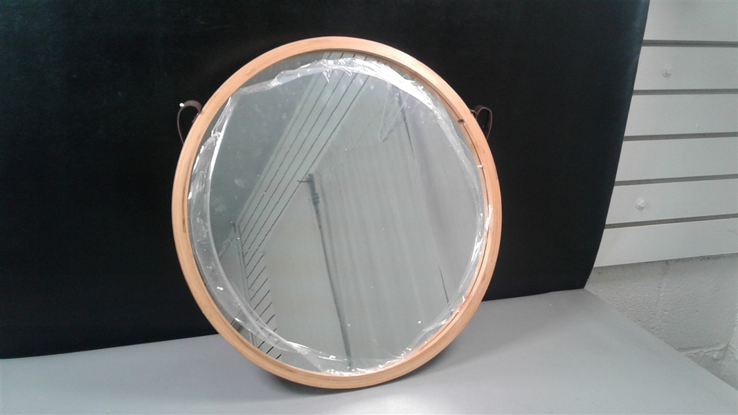 Hanging Round Wall Mirror- Solid Bamboo Frame & Adjustable Leather Strap 17 3/4