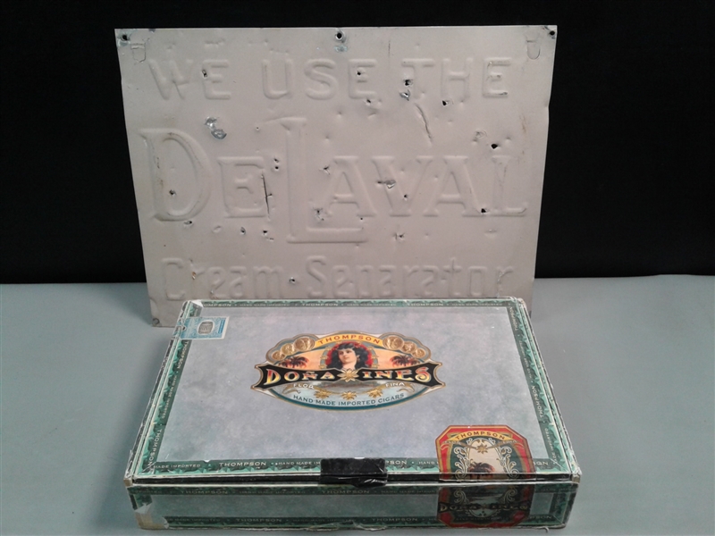 Vintage Metal Sign & Large Dona Ines Cigar Box