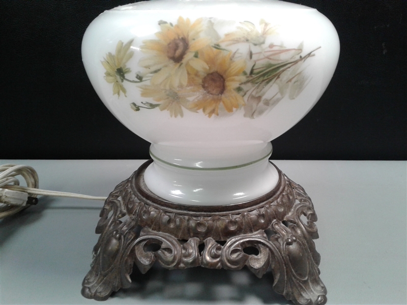 Vintage Floral Hurricane Table Lamp with Cast Base
