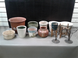 ASSORTED CLAY PLANTERS AND STANDS
