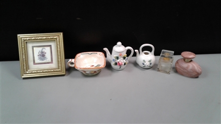 2 Vintage Perfume Bottles, Holland Cup, Teapots, and Art w/Gold Frame