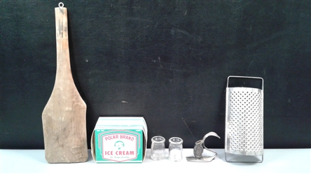 Vintage: Ice Cream Box, Cream Bottles, Wood Paddle, Grater, Toothpick Holder