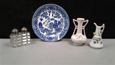 Vintage Salt & Pepper Set with Sterling Lids, Occupied Japan Vases & Willow Plate