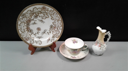 Vintage Gold Embossed Nippon Plate, Austria Cup & Saucer And Vase