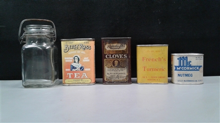 4 Vintage Spice Tins & Square Canning Jar With Bail
