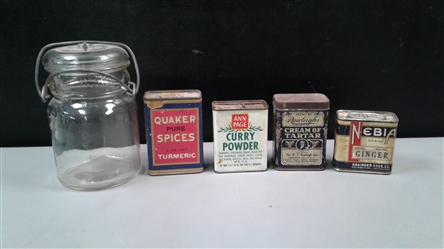 4 Vintage Spice Tins & Round Canning Jar With Glass Lid