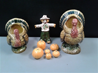 Ceramic Turkey Vases & Scarecrow w/Pumpkins