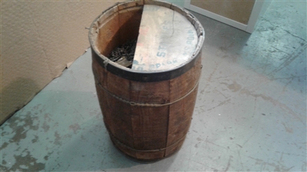 Small Wood Barrel Full of Fencing Staples