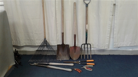 Yard Tools: Rake, Shovels, Pitchfork, Rake, Loppers, and Pruners