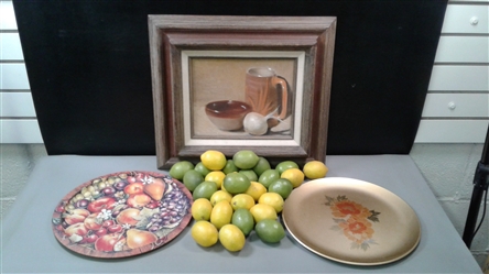 Vintage Handcrafted Japanese Plate, Harry & David Platter, Lemons/Limes, & Oil Painting