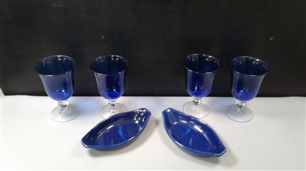 Cobalt Blue Goblets and Blue 2 Chantal Bakeware Boats 