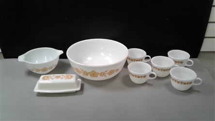 Vintage Butterfly Gold Pyrex Cups, Butter, Nesting Bowl, & Mixing Bowl