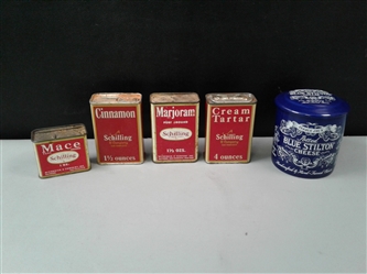 Vintage Schilling Spice Tins And Blue Stilton Cheese Container  