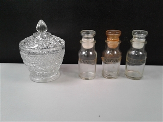 3 Vintage Glass Spice Bottles and Small Glass Candy Container W/Lid 