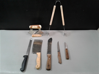 6 Kitchen Knifes and Jim Beam Tongs 