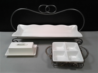 Butter Dish and Two Serving Trays with Metal Holders 