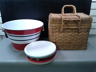 Picnic Basket, Ice Bucket and plastic Plates