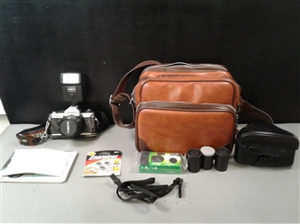 Yashica FX-D Quartz 35mm Camera With Auto Flash, Case, Disposable Camera & Manual