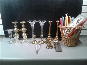Brass and Glass Candlesticks and Holders Plus a Basket of Taper Candles