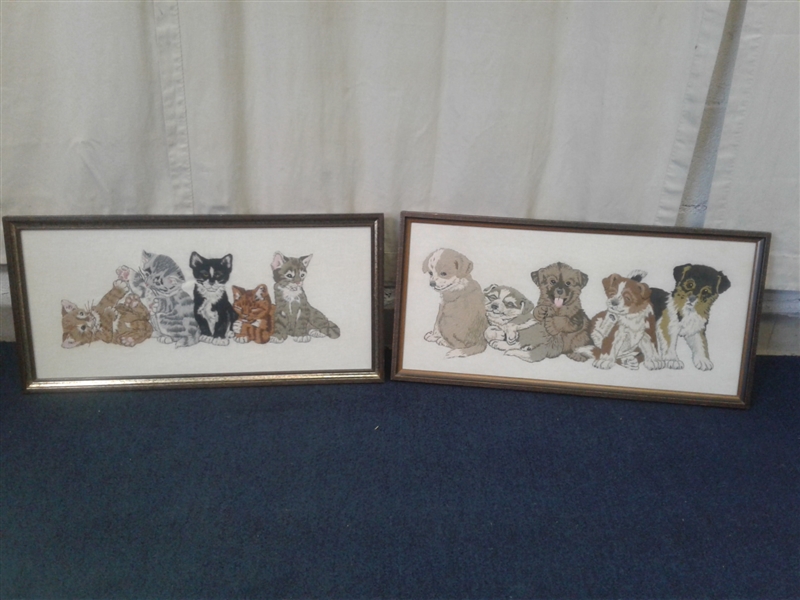 Embroidered Cat and Dog Framed Pictures