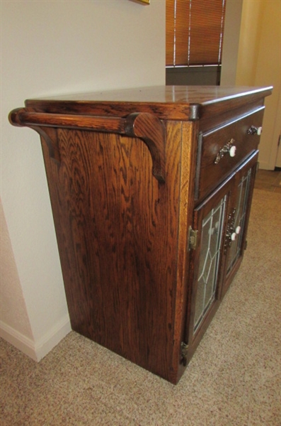 Solid Wood Kitchen Cart with Leaded Glass Doors