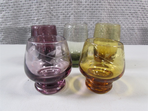5 VINTAGE COLORED GLASS SHOT GLASSES