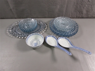 CLEAR, BLUE AND BLUE & WHITE DISHES