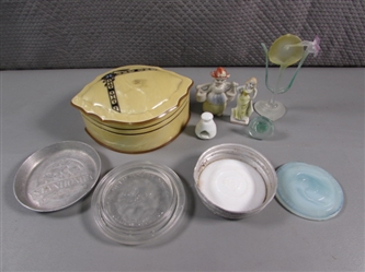 BAKELITE COVERED DISH, JAPANESE FIGURINES, GLASS JAR SEALS AND MORE