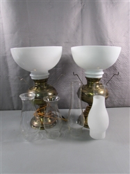 ANTIQUE "ELECTRIC" LAMPS, GLASS SHADES & CHIMNEYS