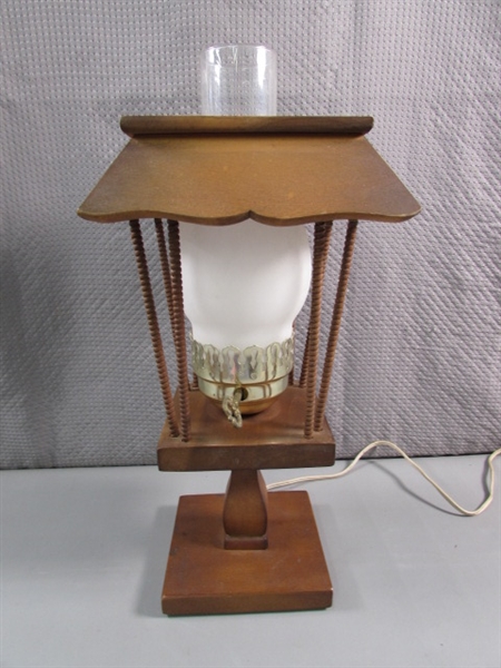 SWISS MUSIC BOX, TABLE LAMP & CARVED WOODEN SPOON