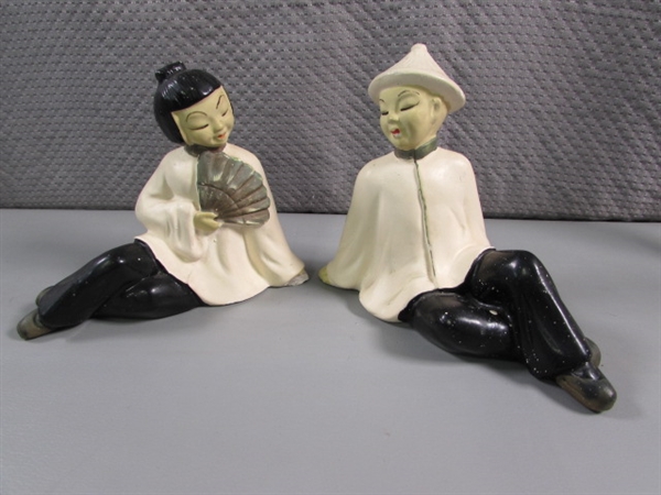 VINTAGE (1951) PLASTER ASIAN FIGURINES AND WALL HANGING
