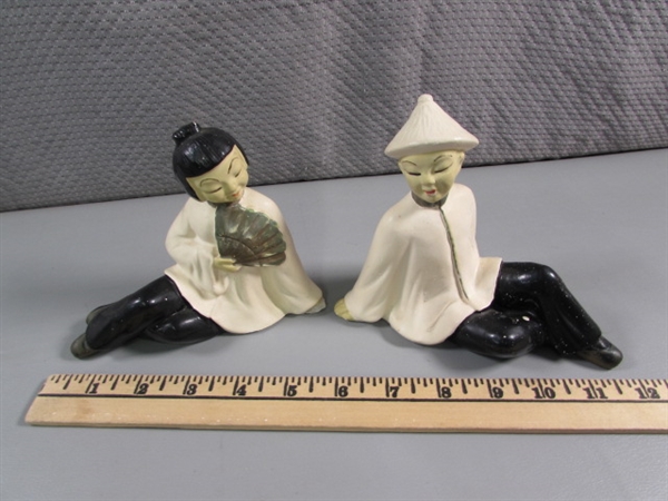 VINTAGE (1951) PLASTER ASIAN FIGURINES AND WALL HANGING